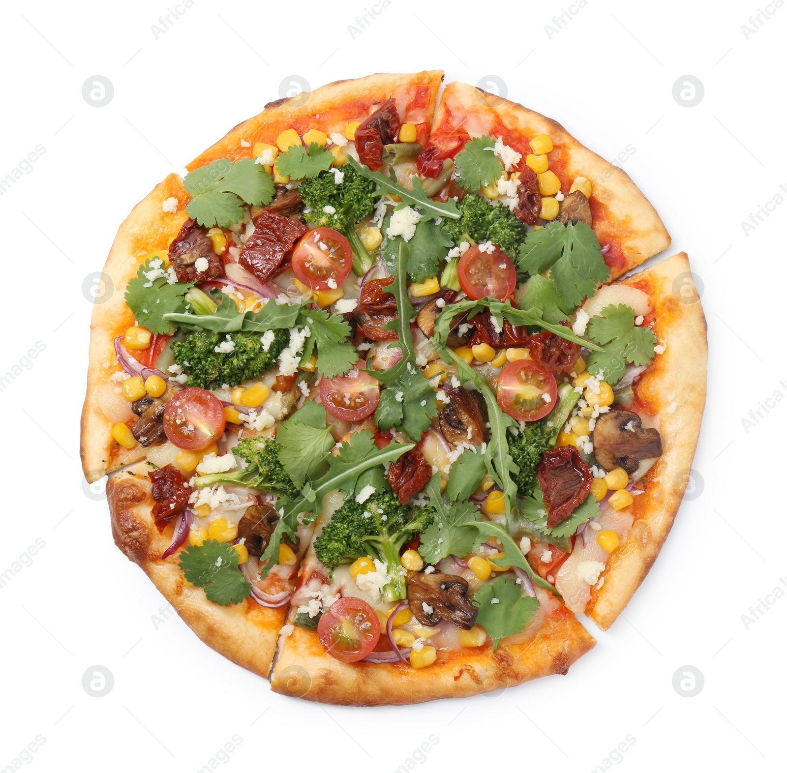 Photo of Delicious vegetarian pizza with cheese, mushrooms, vegetables and greens isolated on white, top view