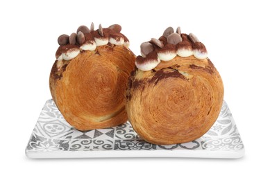 Round croissants with chocolate chips and cream isolated on white. Tasty puff pastry