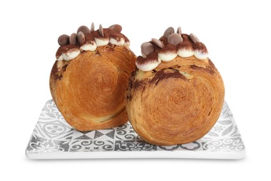 Photo of Round croissants with chocolate chips and cream isolated on white. Tasty puff pastry