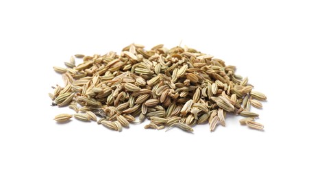 Pile of dry fennel seeds isolated on white