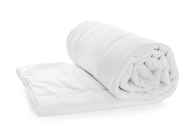 Rolled clean blanket isolated on white. Household textile