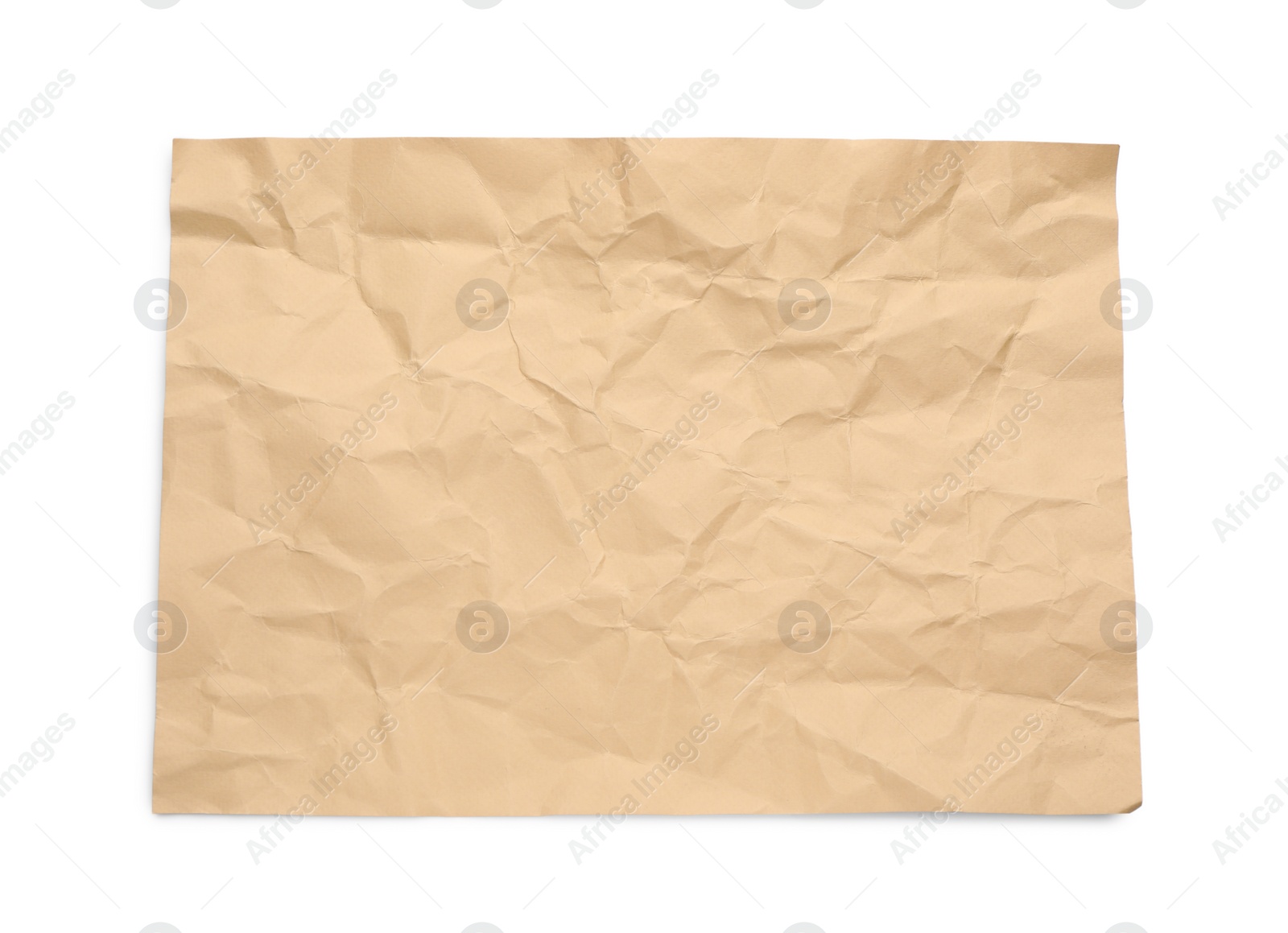 Photo of Sheet of crumpled brown paper on white background, top view