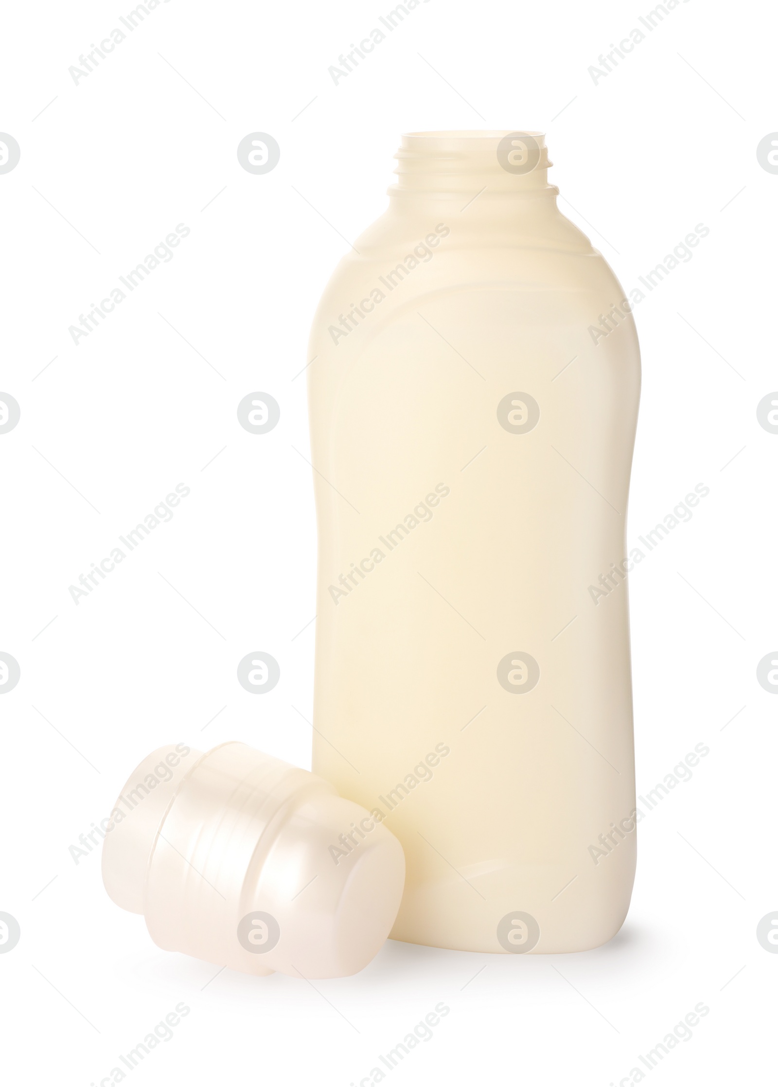 Photo of Bottle of fabric softener isolated on white