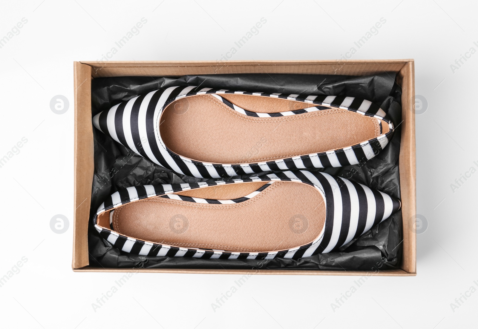 Photo of Pair of female shoes in box on white background, top view