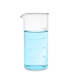 Beaker with light blue liquid isolated on white