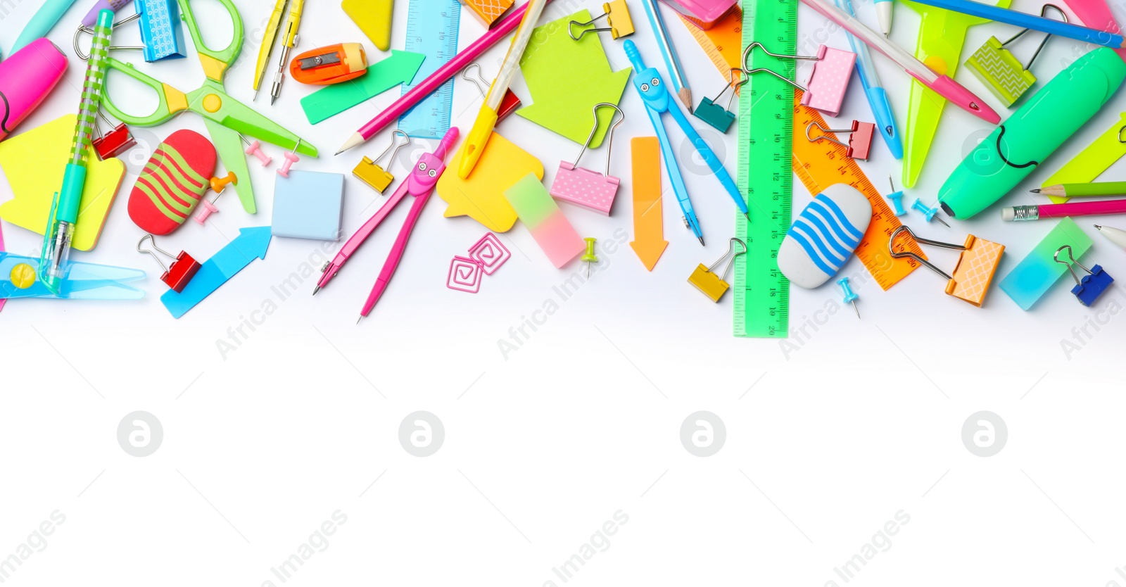 Photo of Composition with different school stationery on white background