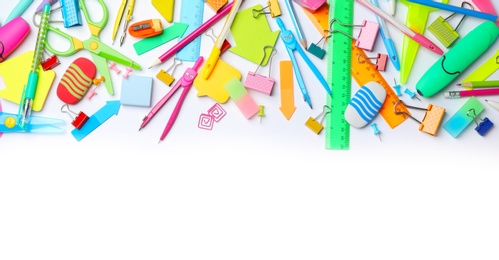 Composition with different school stationery on white background