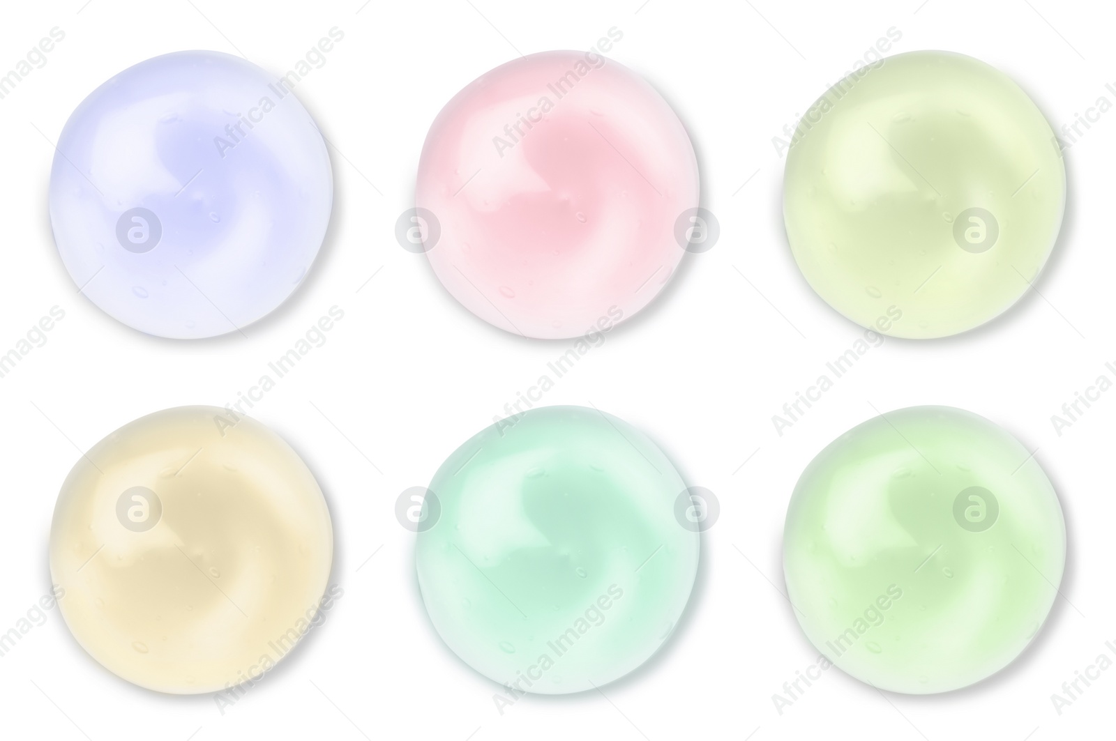 Image of Set with samples of cosmetic gels on white background, top view