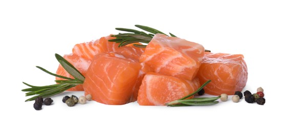 Photo of Pieces of fresh raw salmon and spices on white background