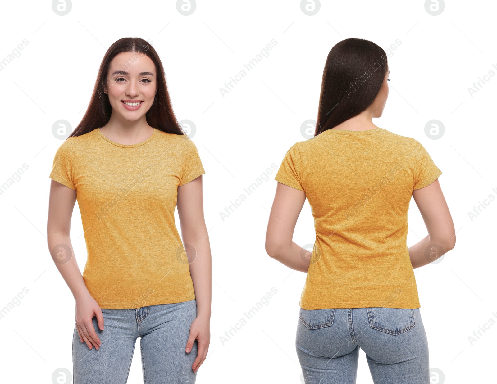 Image of Collage with photos of woman in yellow t-shirt on white background, back and front views. Mockup for design