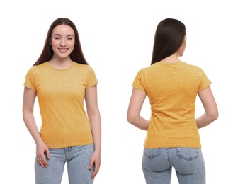 Image of Collage with photos of woman in yellow t-shirt on white background, back and front views. Mockup for design