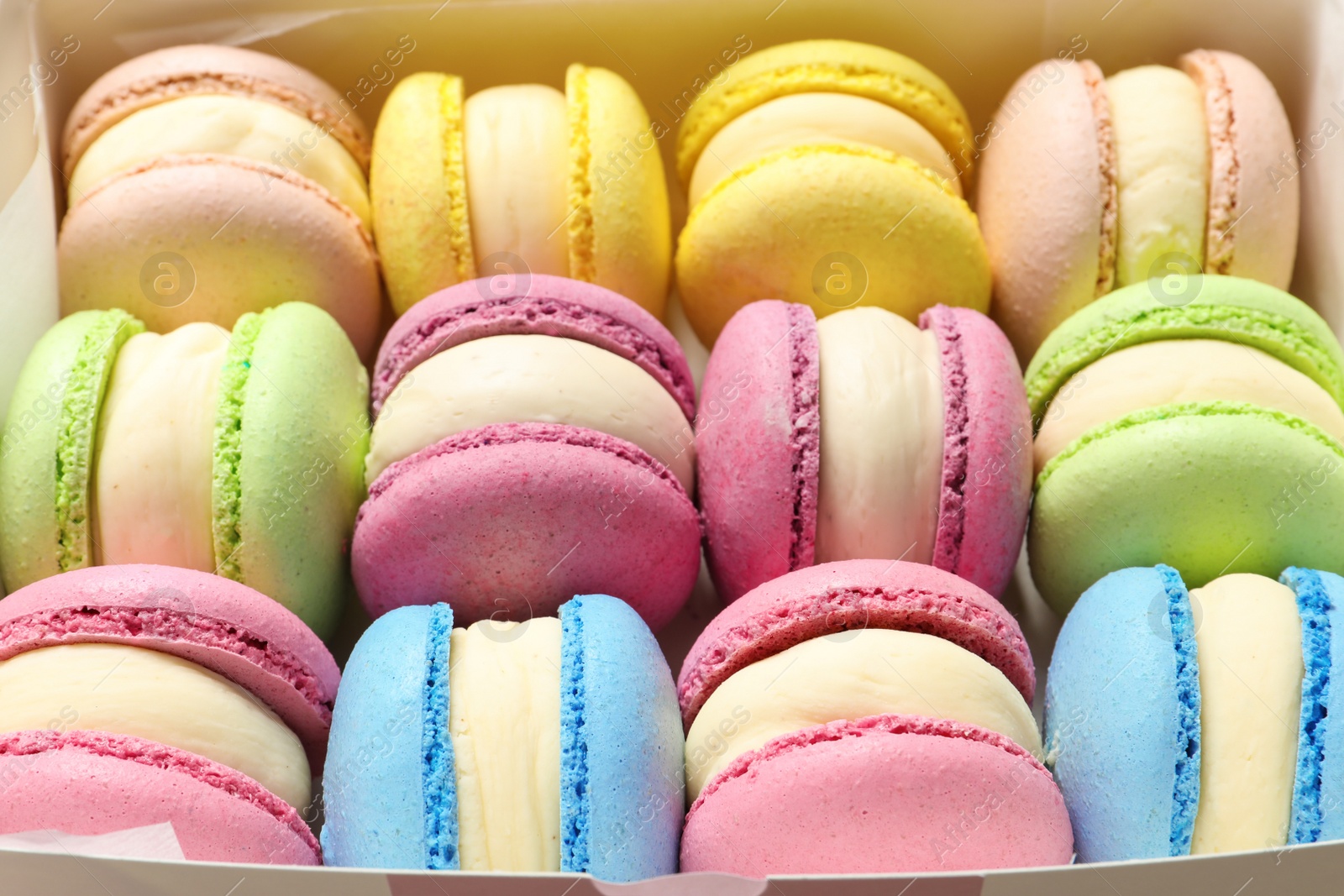 Photo of Many delicious colorful macarons in box, closeup