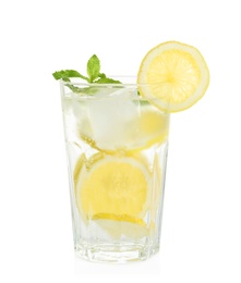 Photo of Glass of natural lemonade with mint on white background