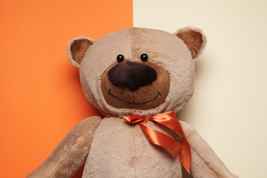 Photo of Cute teddy bear on color background, top view