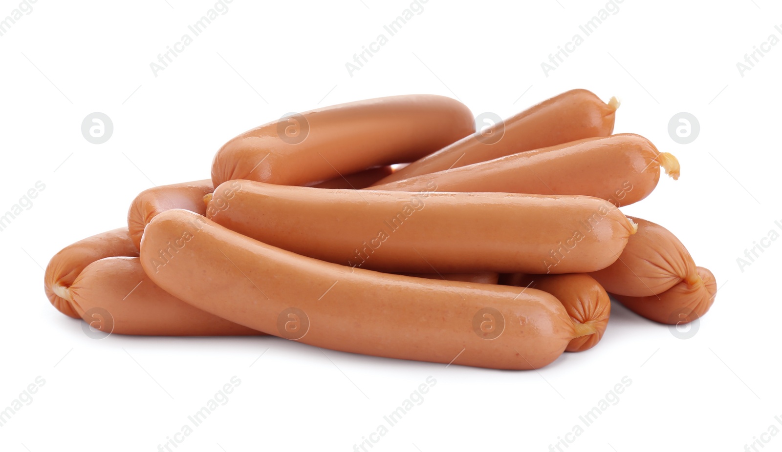 Photo of Many fresh raw sausages isolated on white. Meat product