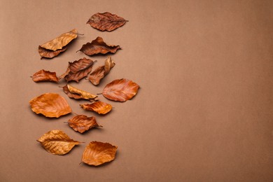Photo of Dry autumn leaves on brown background, flat lay. Space for text