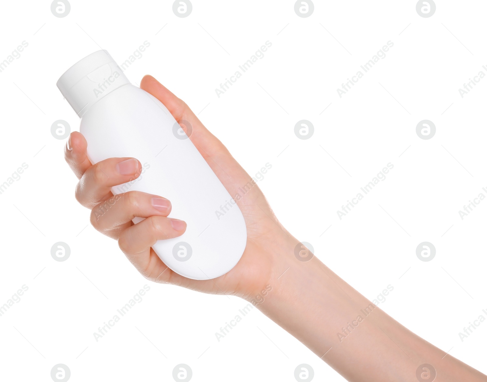 Photo of Young woman holding bottle with hand cream on white background