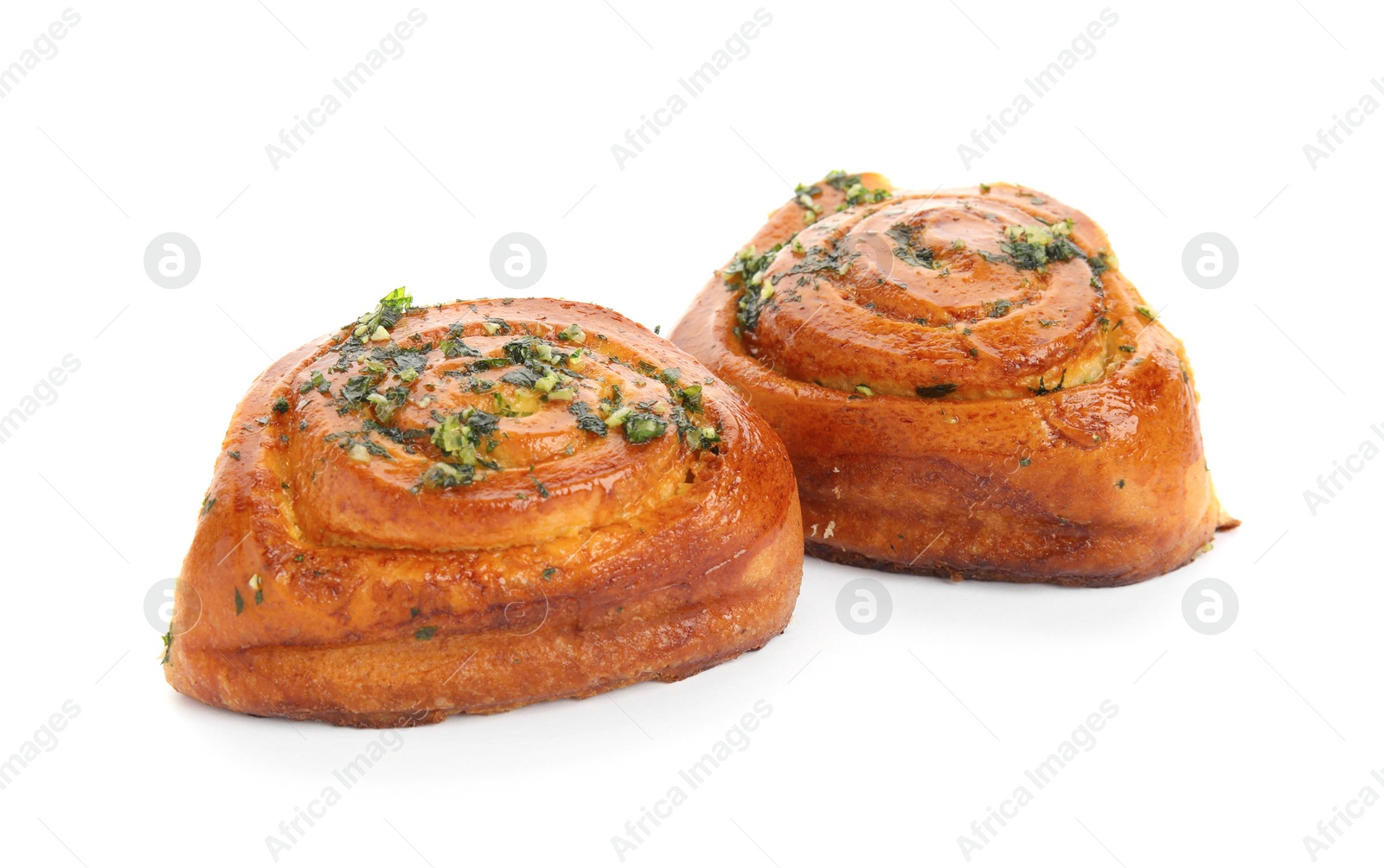 Photo of Traditional Ukrainian bread (Pampushky) with garlic on white background