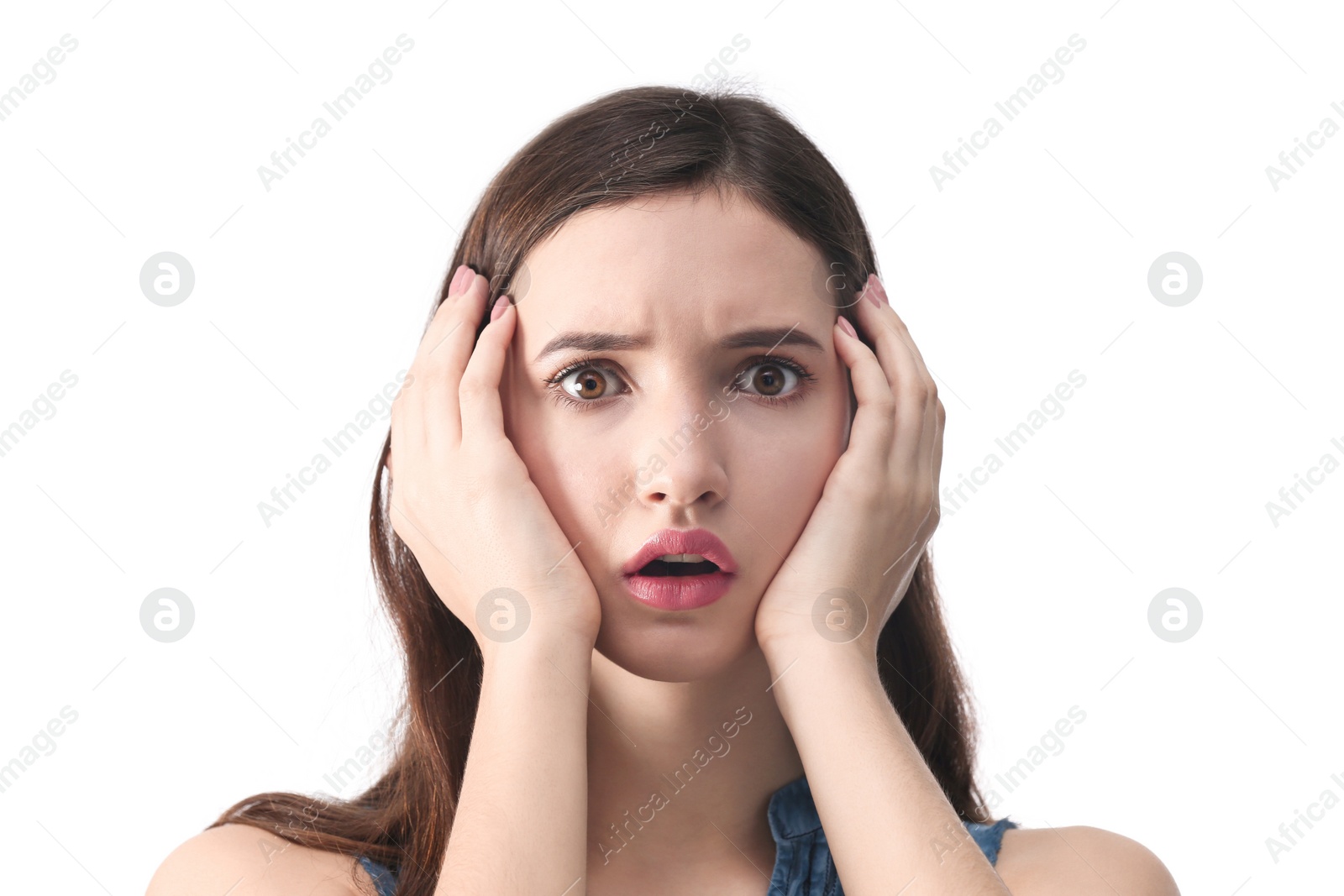Photo of Teenage girl with acne problem against white background