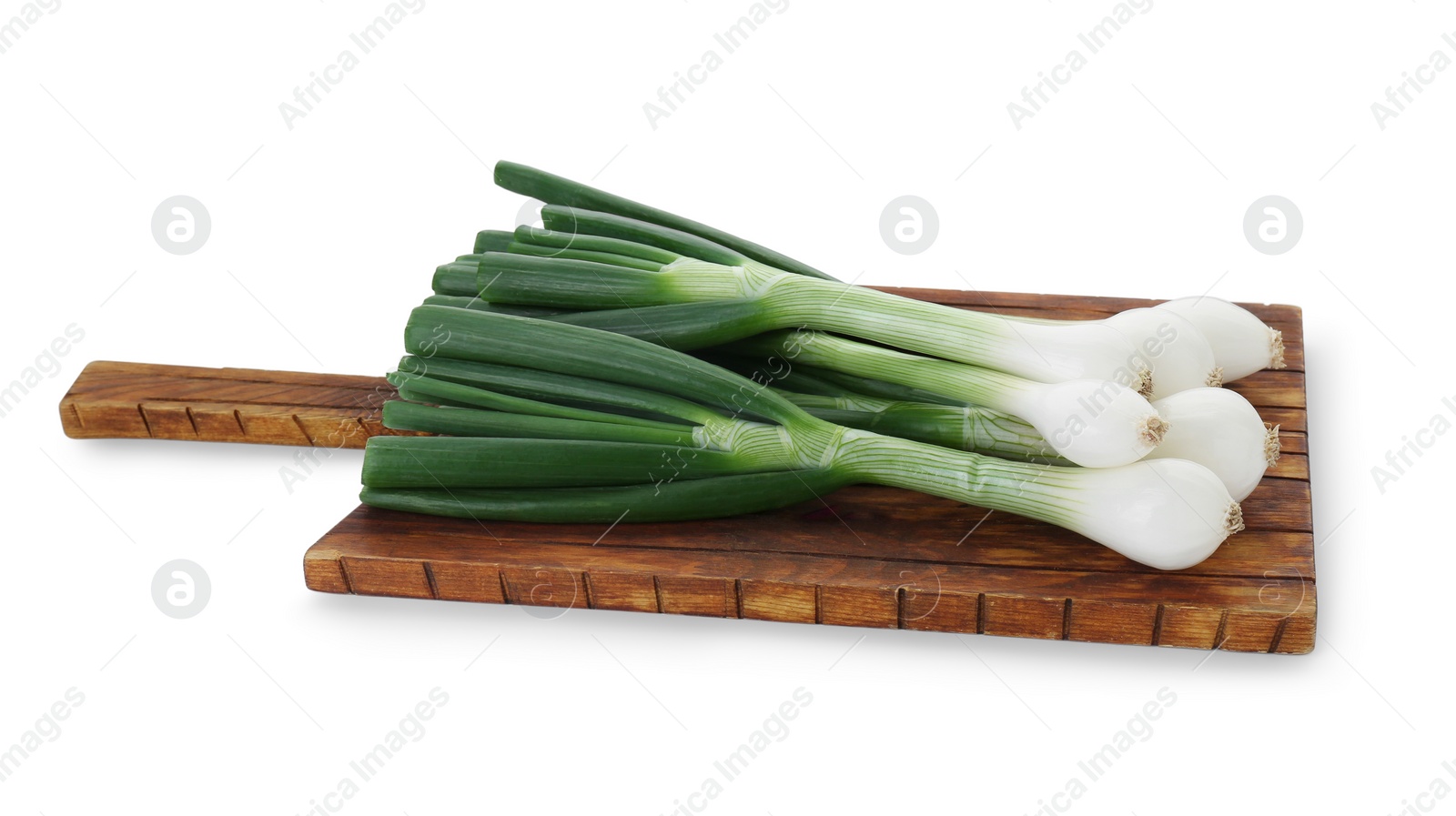 Photo of Whole green spring onions isolated on white