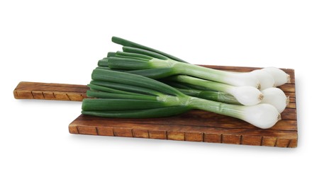 Photo of Whole green spring onions isolated on white