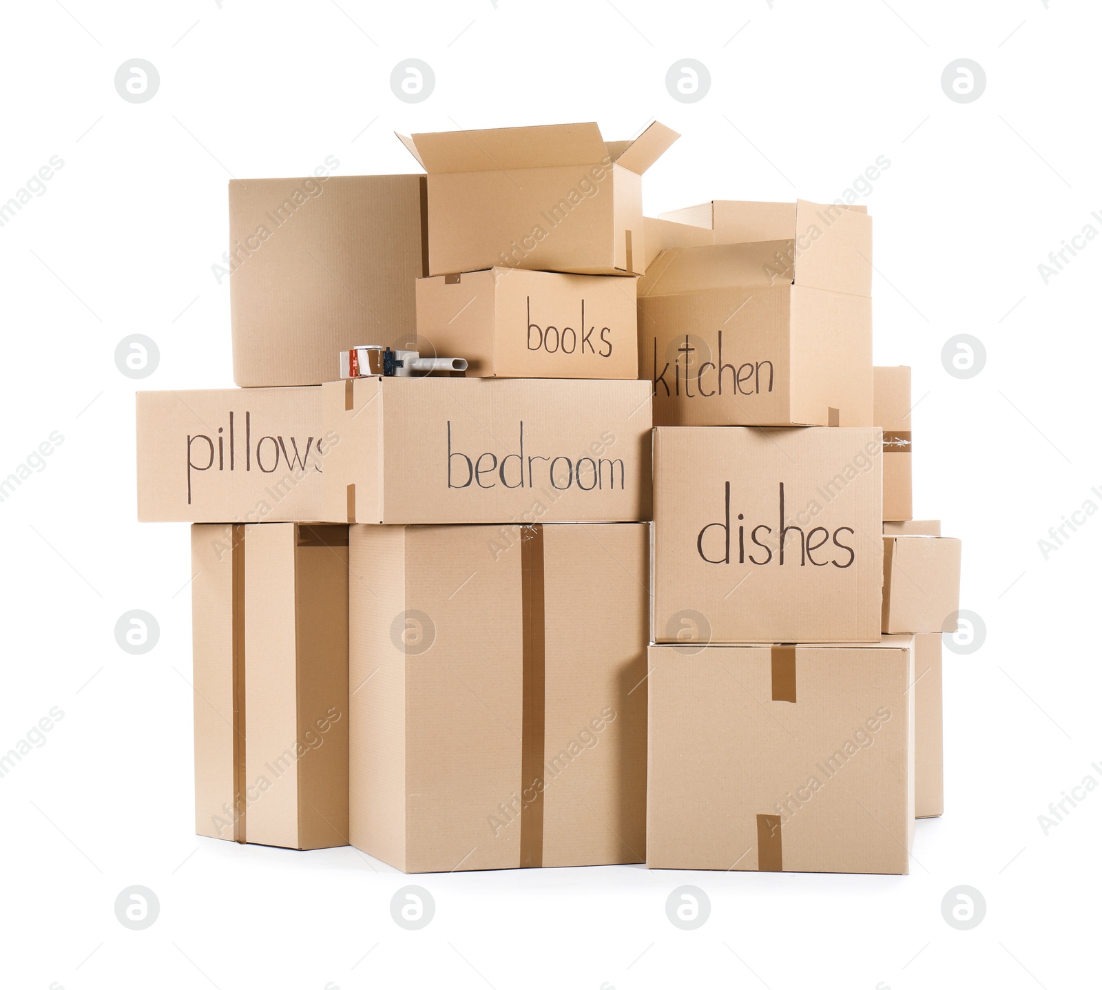 Photo of Moving boxes and adhesive tape dispenser on white background