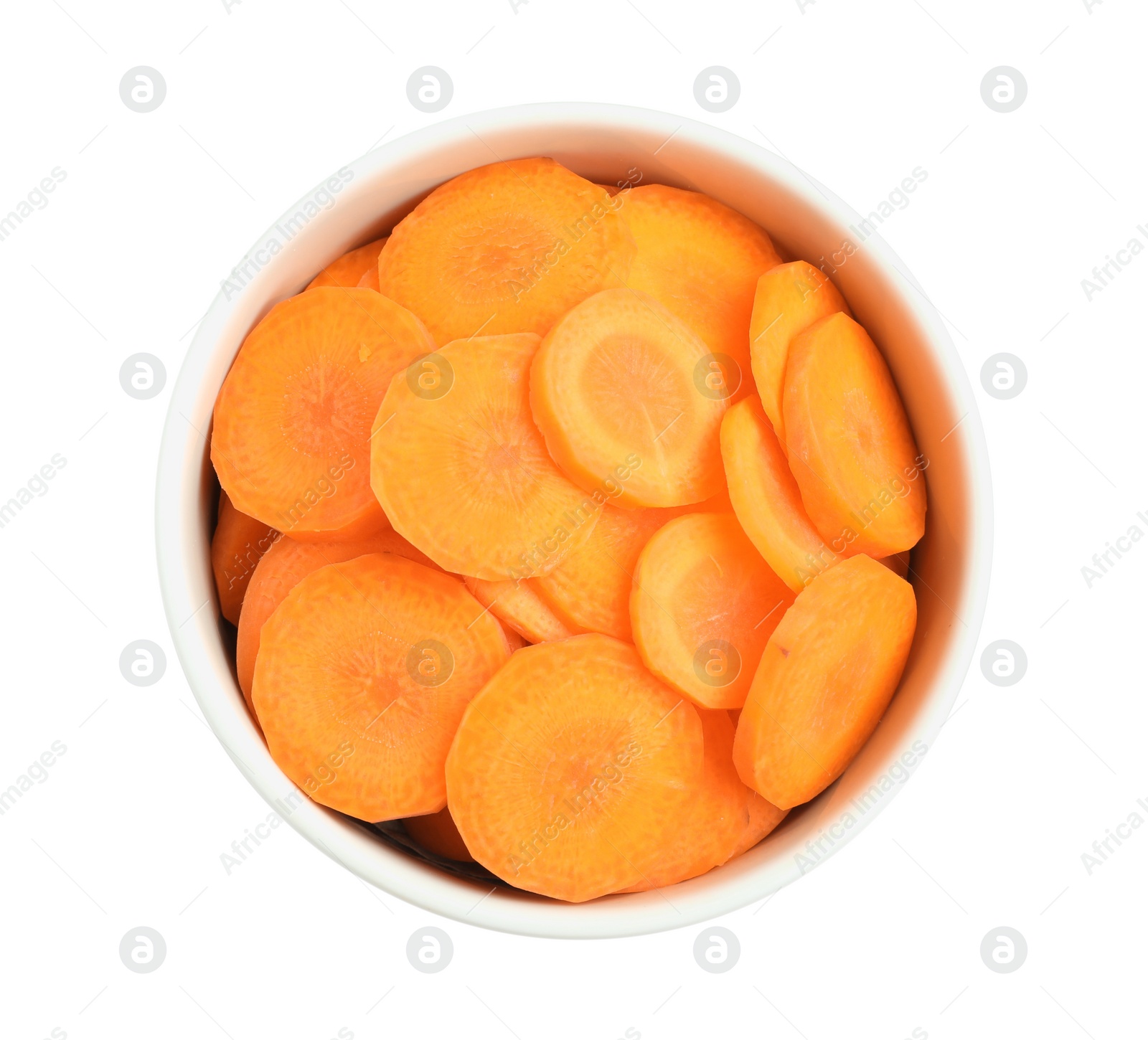 Photo of Bowl with tasty cut carrots isolated on white, top view