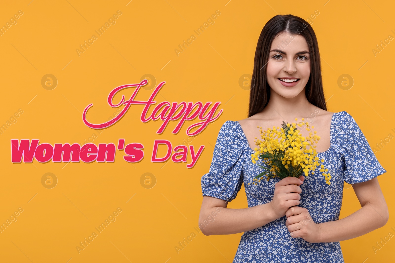 Image of Happy Women's Day - March 8. Attractive lady with mimosa flowers on orange background