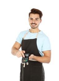 Photo of Waiter with terminal for contactless payment on white background