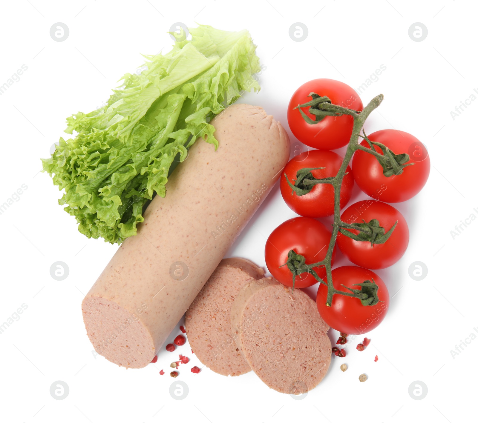 Photo of Delicious liverwurst with cherry tomatoes, lettuce and spices on white background, top view