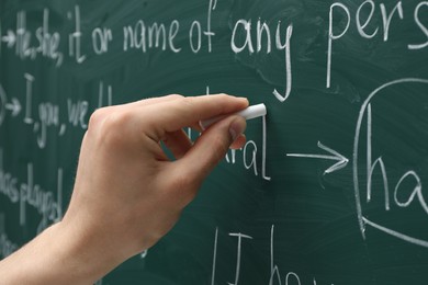 Photo of English teacher writing with chalk on green chalkboard, closeup