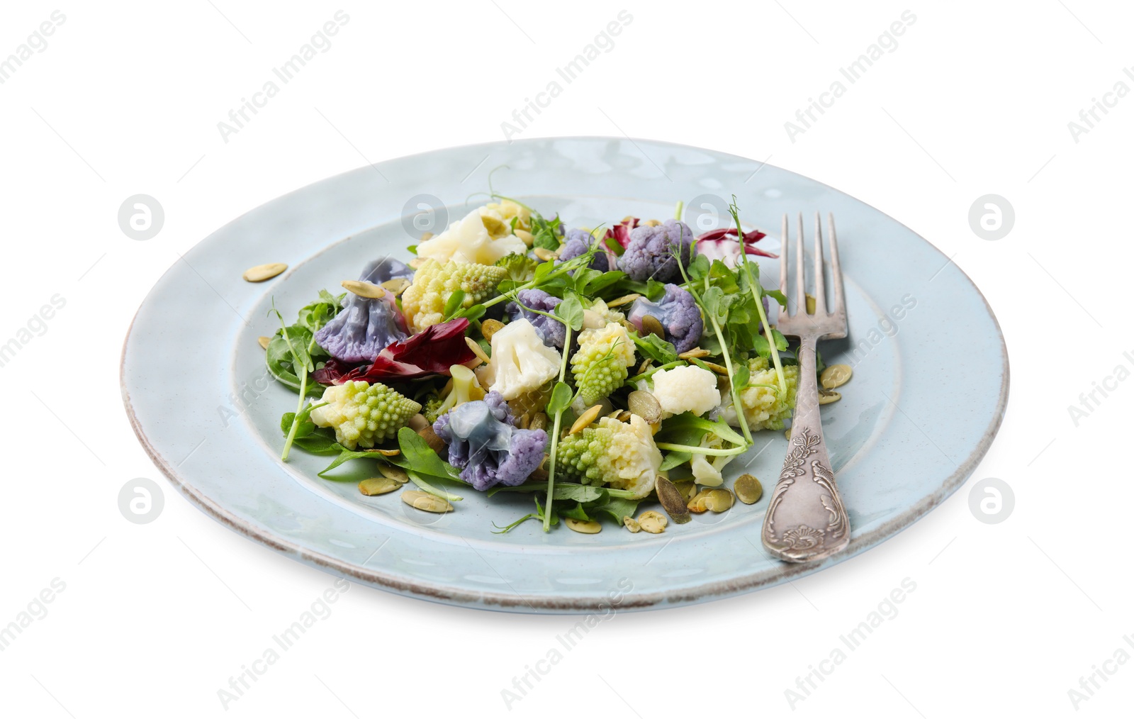 Photo of Delicious salad with cauliflower and pumpkin seeds isolated on white