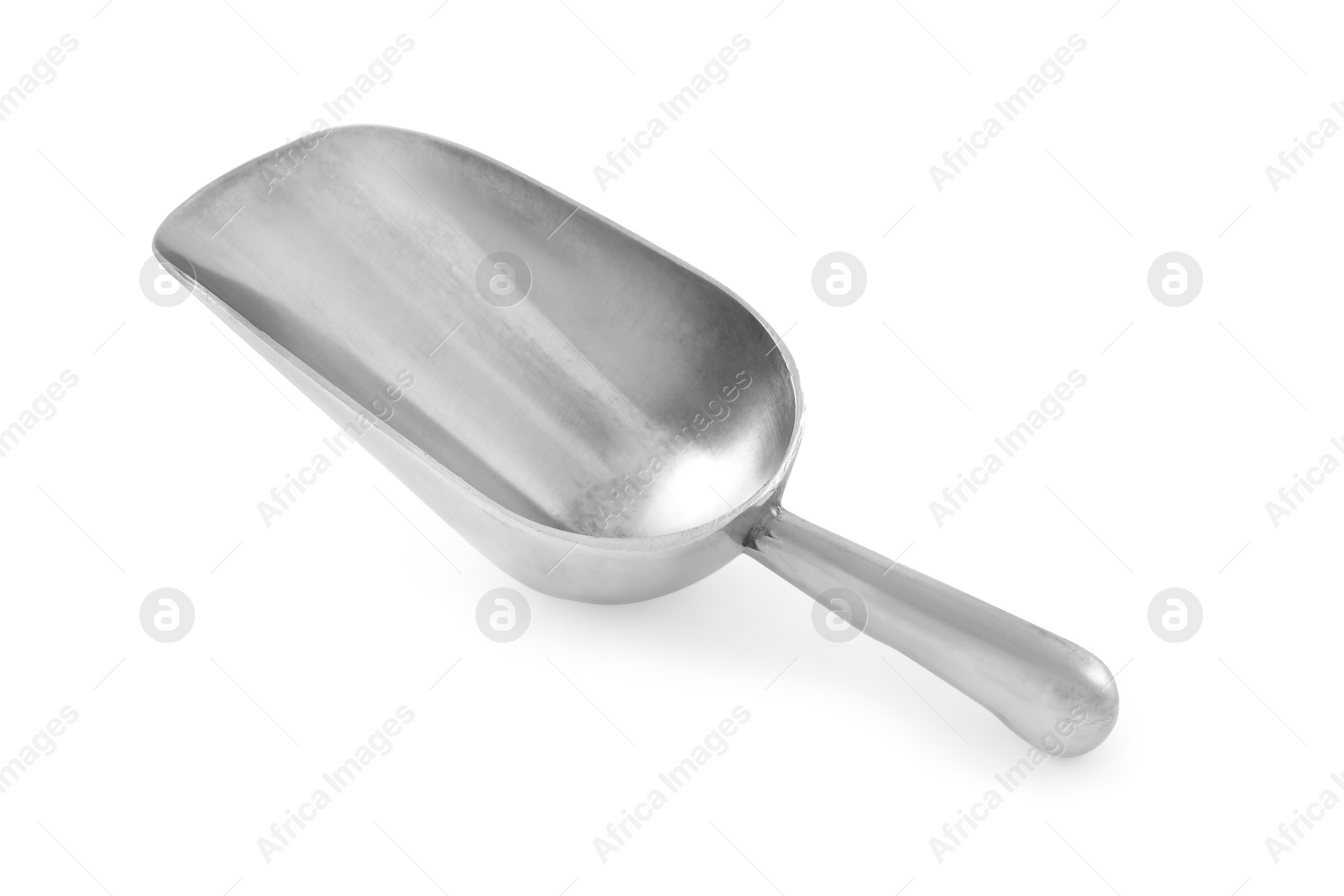 Photo of Clean shiny metal scoop isolated on white