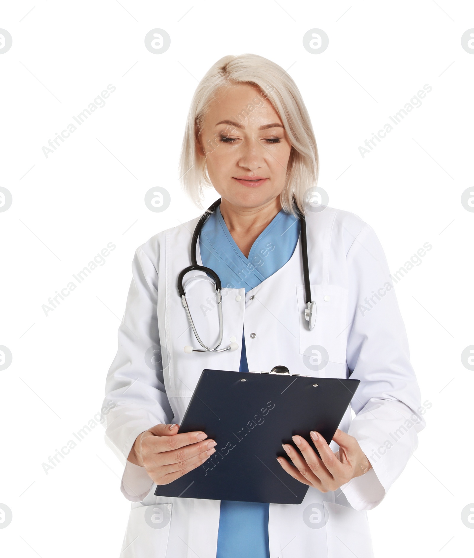 Photo of Portrait of female doctor with clipboard isolated on white. Medical staff