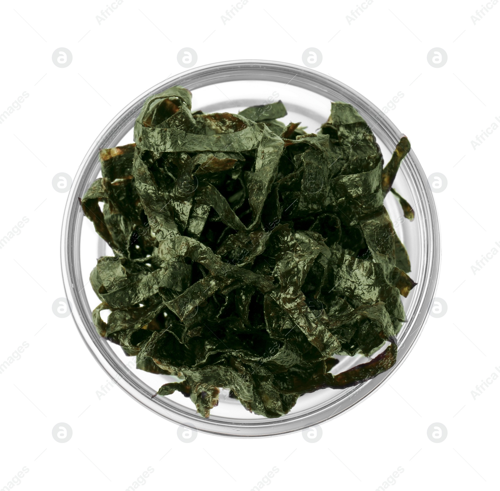 Photo of Chopped nori sheets isolated on white, top view