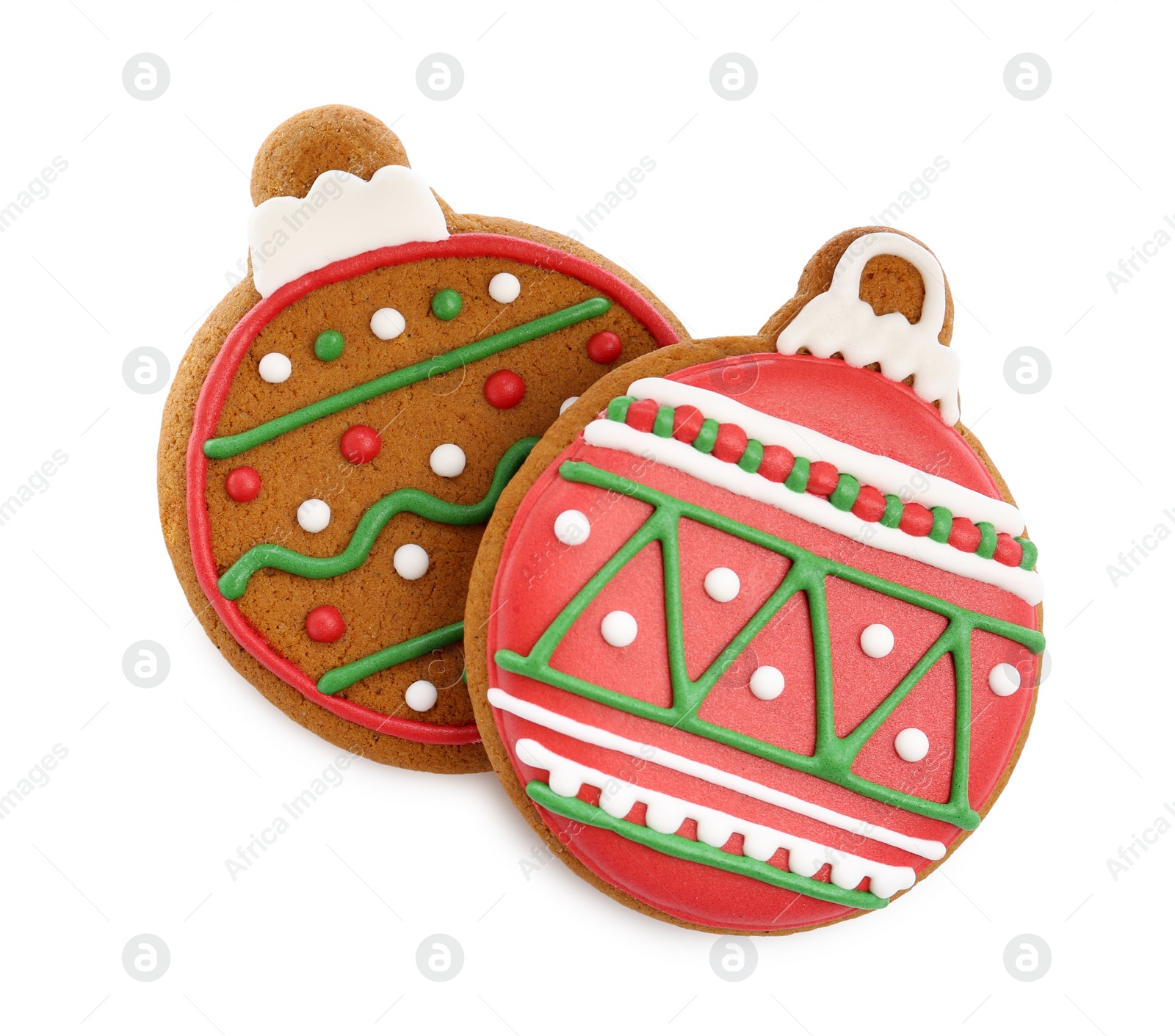 Photo of Tasty cookies in shape of Christmas balls isolated on white, top view