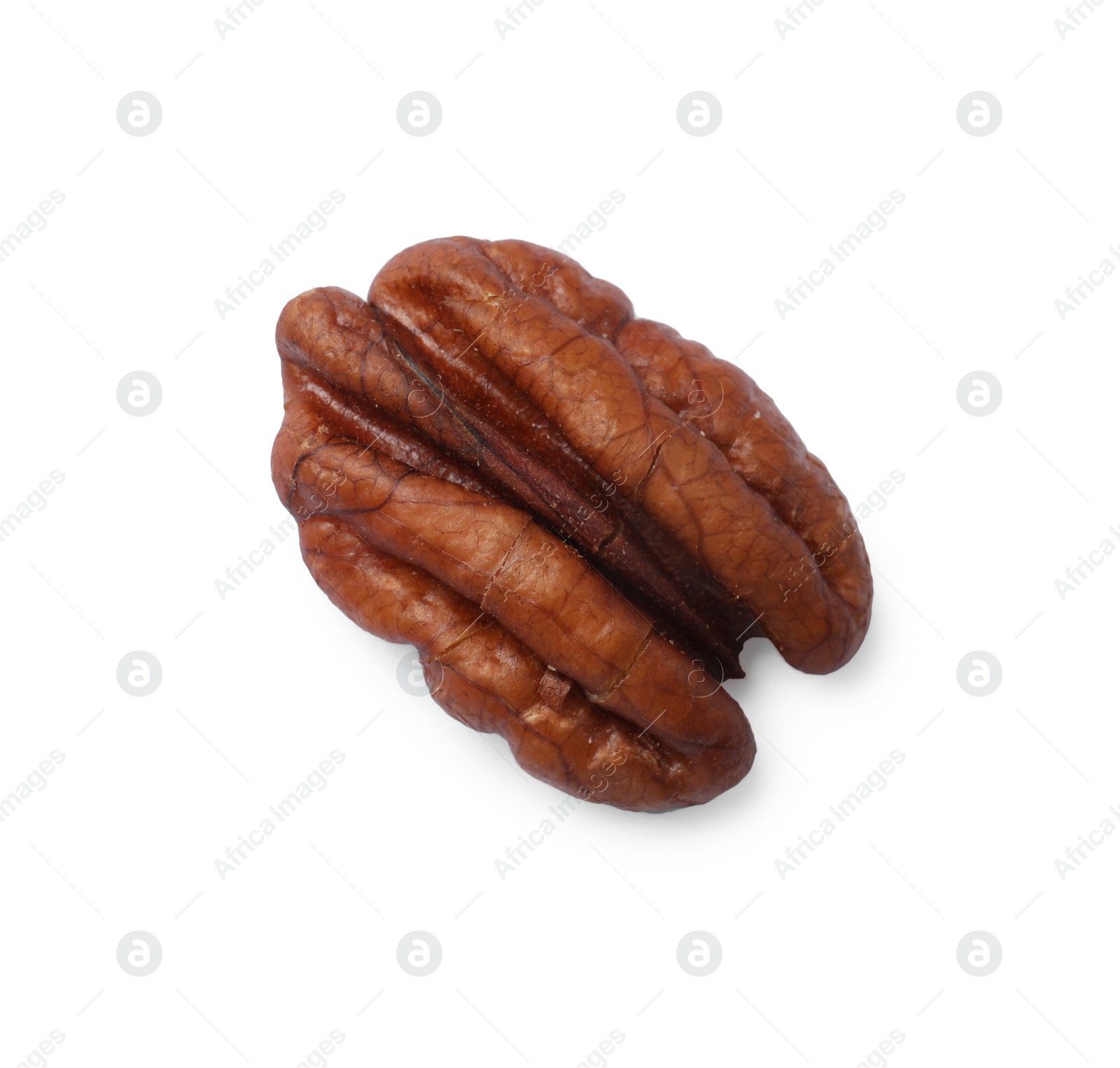 Photo of One tasty pecan nut isolated on white, top view