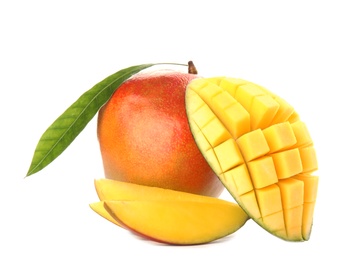 Photo of Delicious ripe mangoes on white background. Tropical fruit