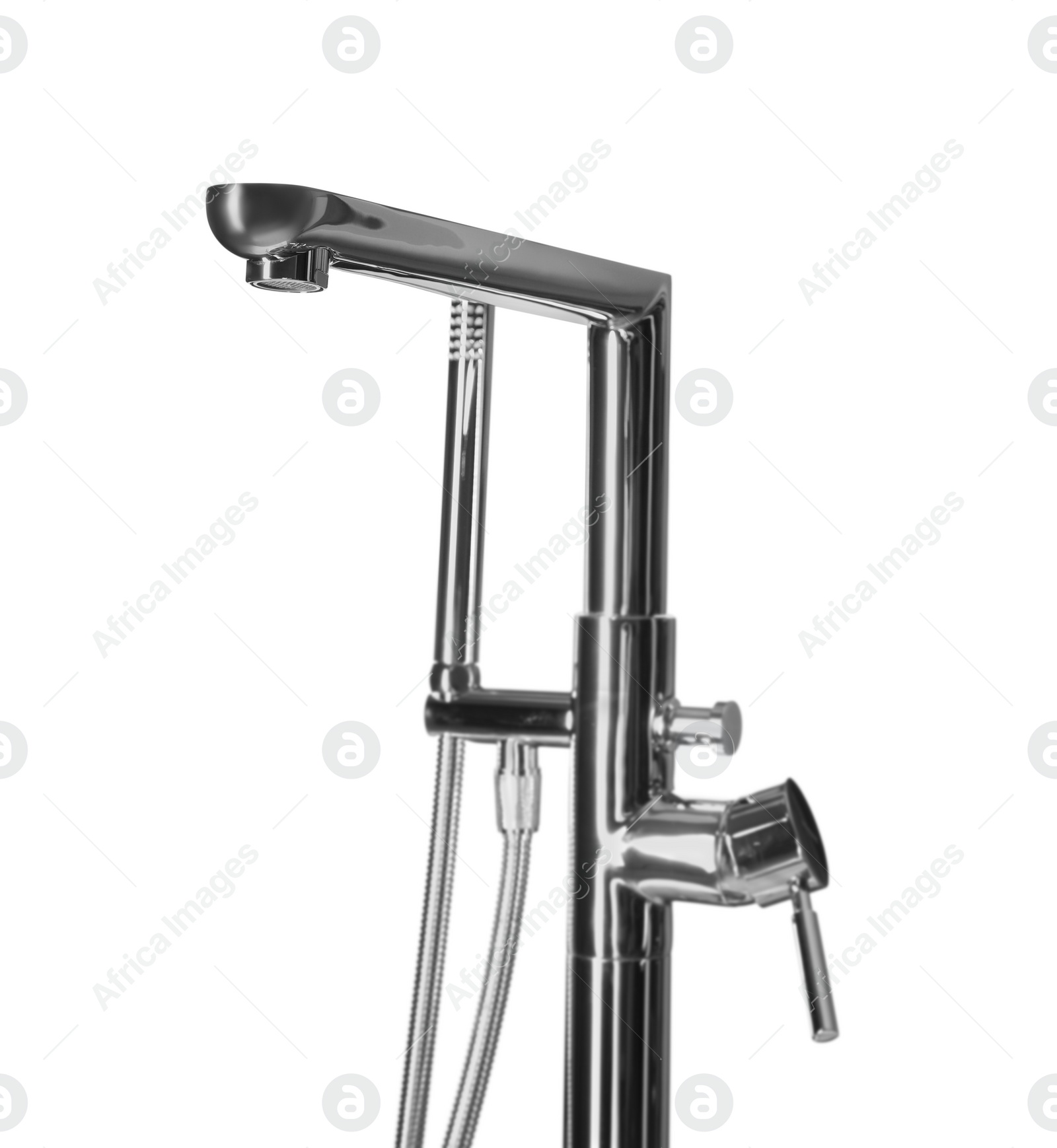 Photo of Modern bathtub water tap with hand shower on white background