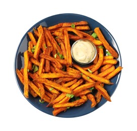 Plate with delicious sweet potato fries and sauce on white background, top view