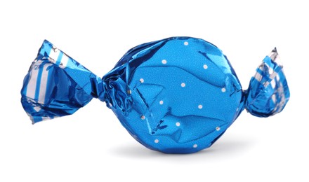 Photo of Candy in light blue wrapper isolated on white