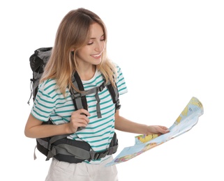 Photo of Woman with map and backpack on white background. Summer travel