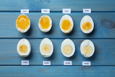 Photo of Different cooking time and readiness stages of boiled chicken eggs on blue wooden table, flat lay