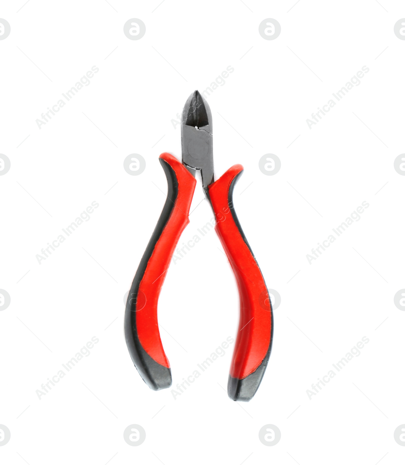 Photo of New cut pliers on white background, top view. Construction tools