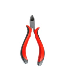 Photo of New cut pliers on white background, top view. Construction tools