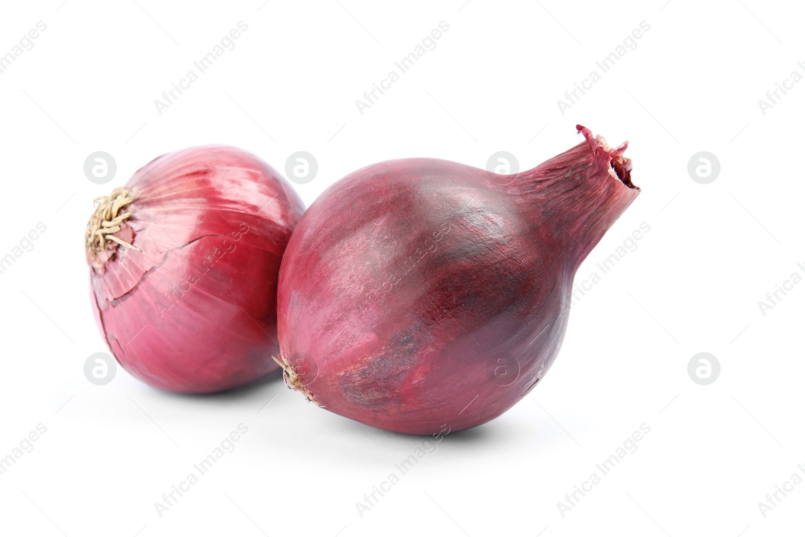 Photo of Ripe red onions on white background