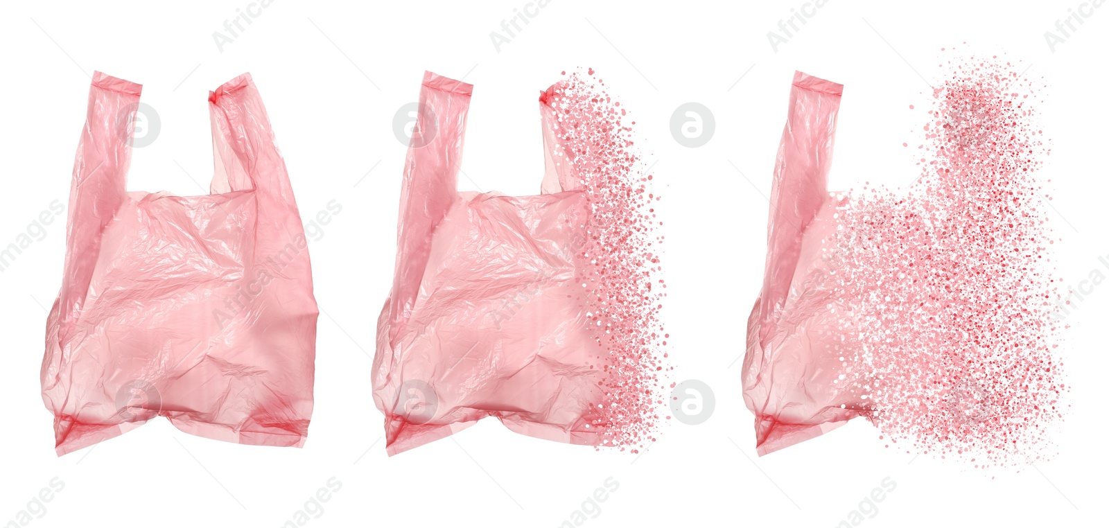 Image of Pink disposable bag vanishing on white background, set. Plastic decomposition