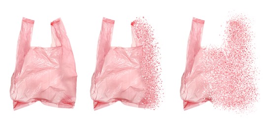 Image of Pink disposable bag vanishing on white background, set. Plastic decomposition