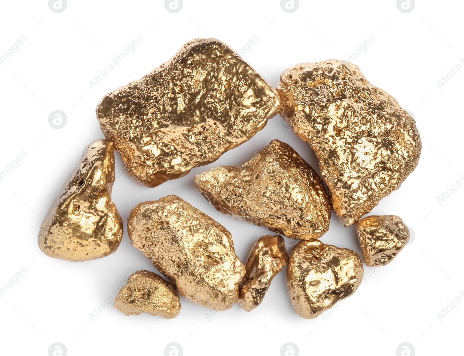 Photo of Pile of gold nuggets on white background, top view