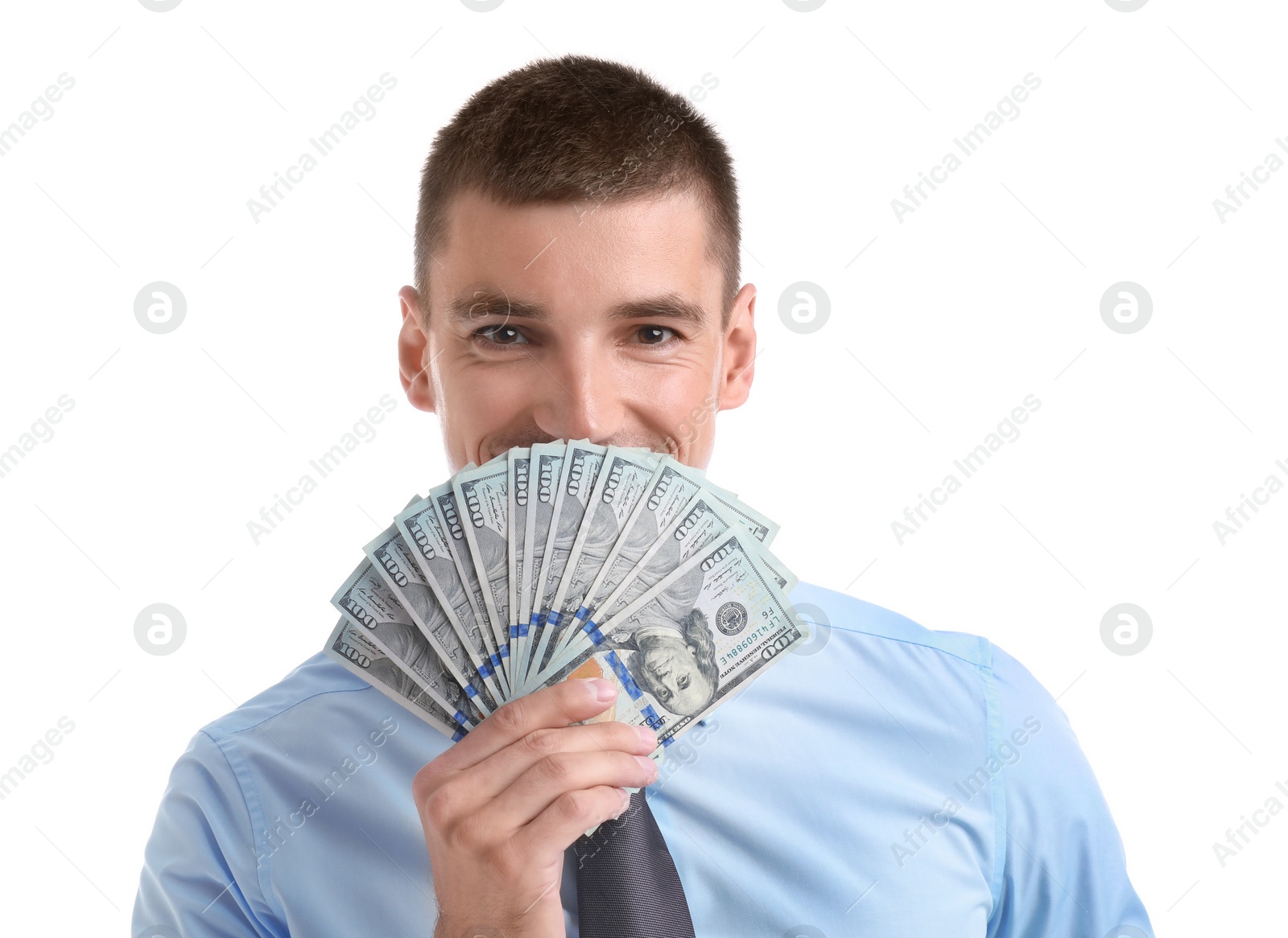 Photo of Handsome businessman with dollars on white background